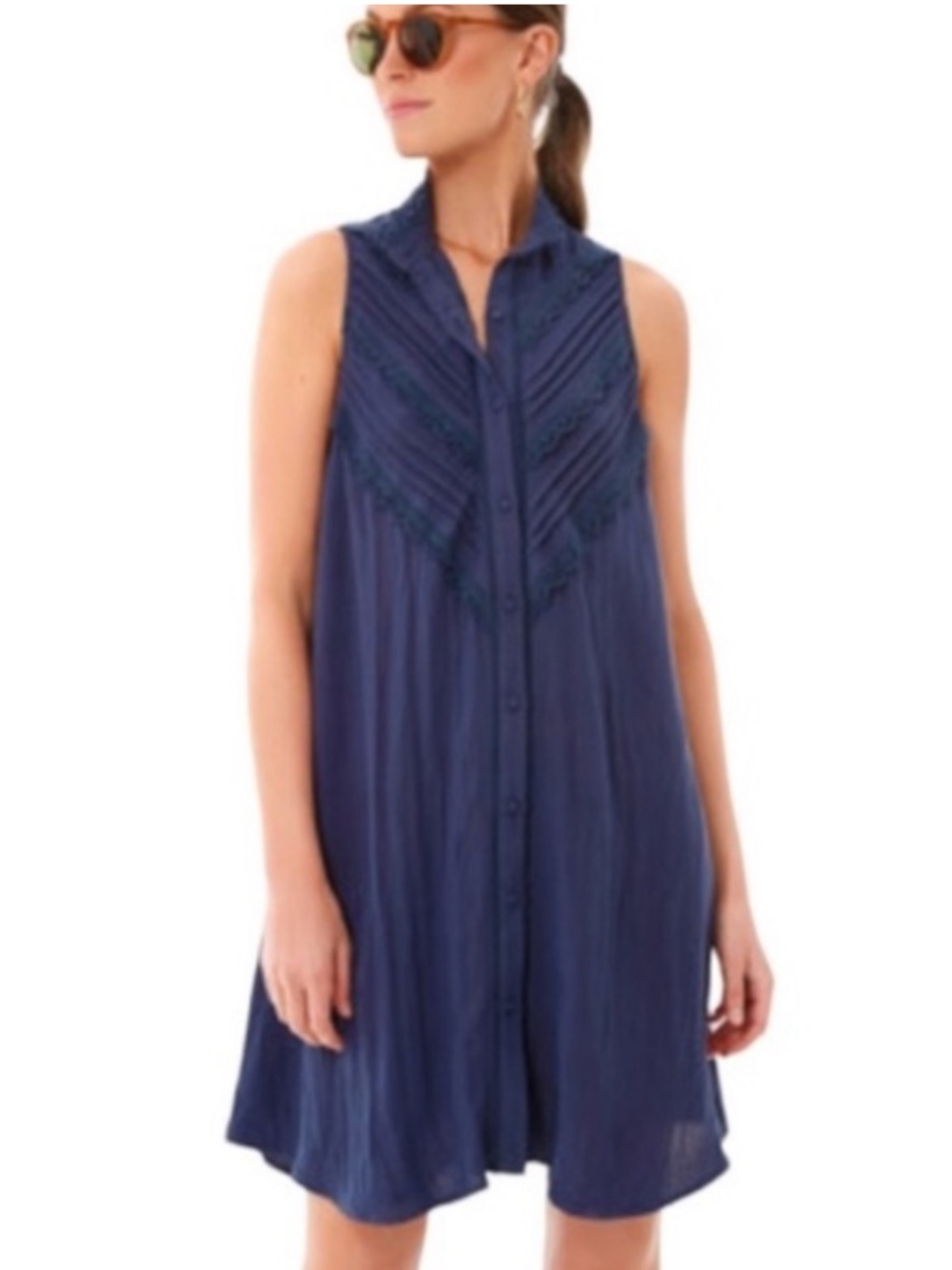 Pomander Place Dutton Blue Eyelet Lace Button Down Sleeveless Shift Mini Dress M